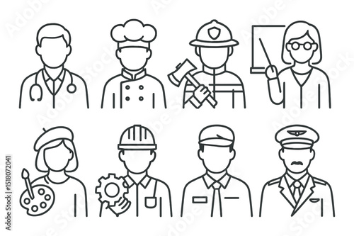 Profession set. linear avatars of doctor, chef, firefighter, teacher, artist, engineer vector icons.
