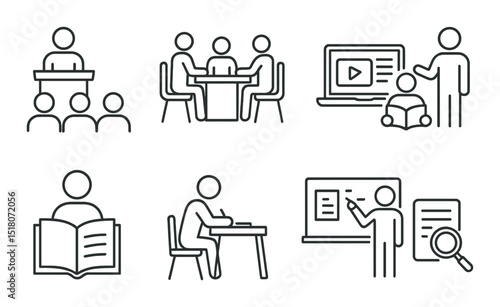 Education and learning icon set. linear classroom, book, meeting, course, teacher vector icons.