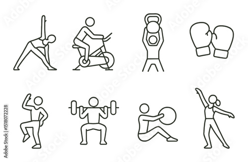 Fitness exercise set. workout and gym linear icons. yoga, cycling, boxing, weightlifting vector icons.