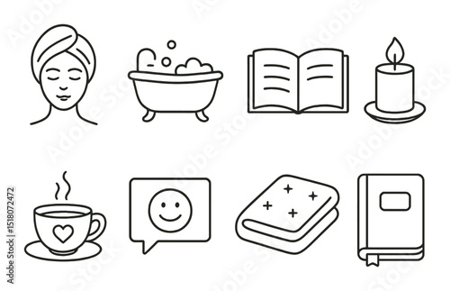 Relaxation set. spa, bathtub, book, candle, coffee, chat, pillow, journal linear vector icons.