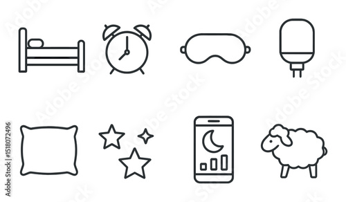 Sleep essentials set. night routine silhouette icons: bed, alarm, mask, lamp, pillow vector icons