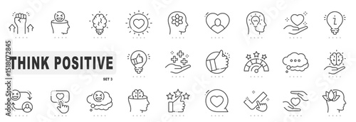 Set of positive thinking related line icons. Optimism, brain, thought, happiness etc. Editable stroke. Set 3