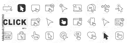 Set of click related line icons. Cursor, pointer, arrow etc. Editable stroke. Set 3
