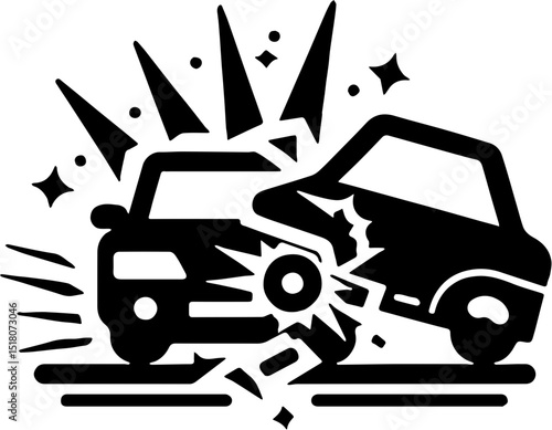 illustration of two cars colliding with force lines and stars to depict a crash impact, in minimal black and white