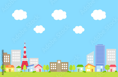青空　雲　市街地　背景　イラスト