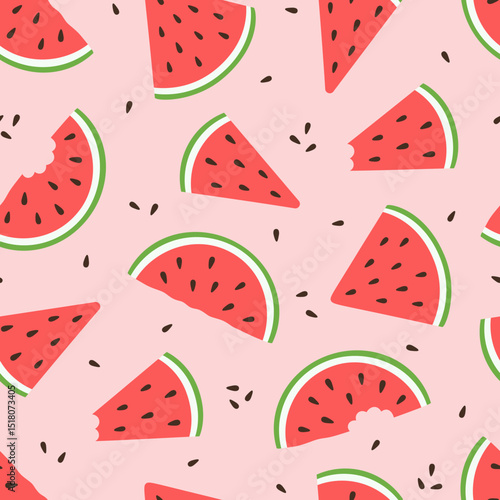 Seamless pattern with fresh ripe watermelon slices and seeds on pink background. Summer fruit or dessert theme wallpaper. Vector illustration in flat style.