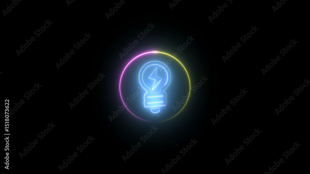 Fototapeta premium Glowing Lightbulb with Lightning Bolt in a Colorful Neon Circle on Black