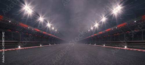 Empty racing track and glowing floodlights illuminated sport stadium at night. Professional 3D illustration for racing sports advertising.