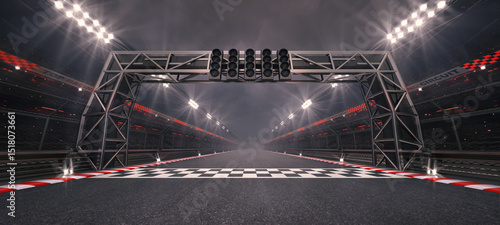 Racing track and checked finish line with steel gate and glowing floodlights illuminated sport stadium at night. Professional 3D illustration for racing sports advertising.