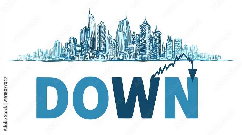 Fototapeta premium Downward Business Trend Illustration, Depicting Economic Decline and Market Downturn in a Cityscape Graphic