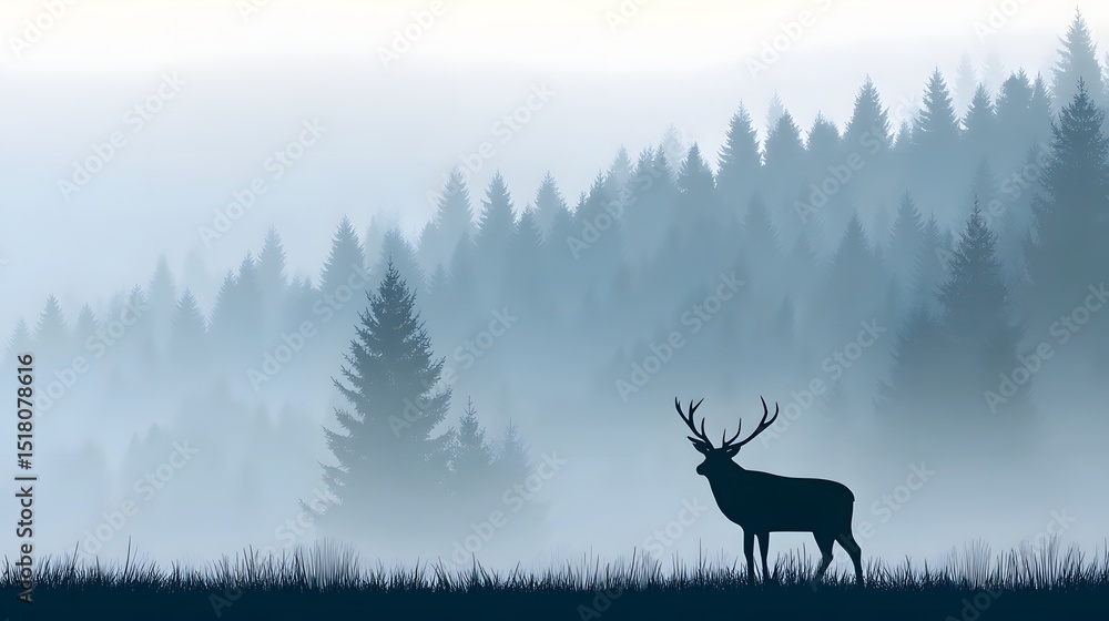 Foggy pine forest with deer silhouette in the distance Foggy pine forest with deer silhouette in the distance