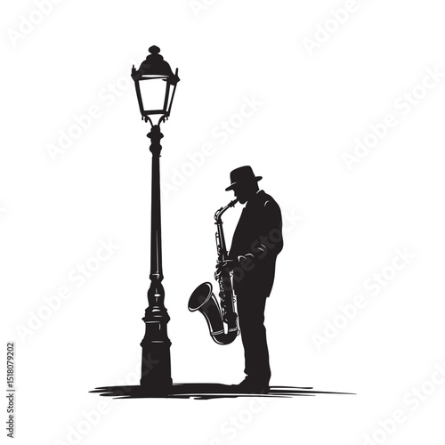 A jazz saxophonist playing under a street light silhouette design