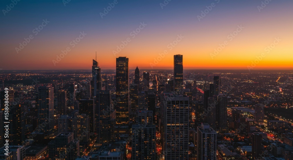 Obraz premium City skyline at sunset, buildings illuminated, vibrant colors