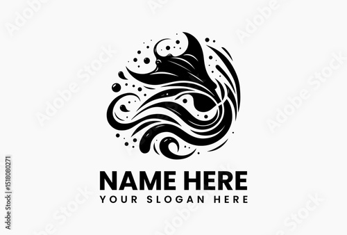 Monochromatic tribal art illustration of a graceful manta ray elegantly swimming amidst swirling ocean waves and intricate dot patterns. Nature concept