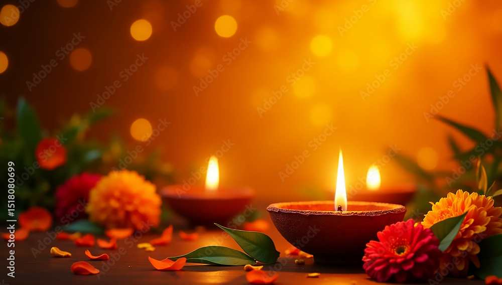 Diwali celebration with glowing diyas, flowers, and warm bokeh lights background Diwali celebration with glowing diyas, flowers, and warm bokeh lights background