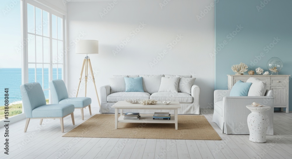 Fototapeta premium Bright Coastal Living Room with Prominent Blank Wall for Frame Mockup