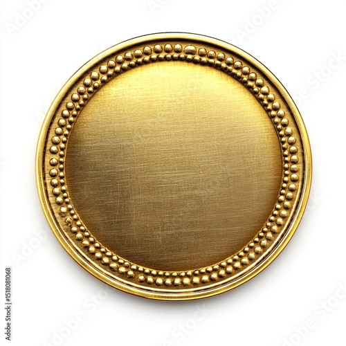 Luxurious gold medallion isolated on white background showcasing a blank metallic surface ideal for adding text or graphic design elements suitable for various creative projects.