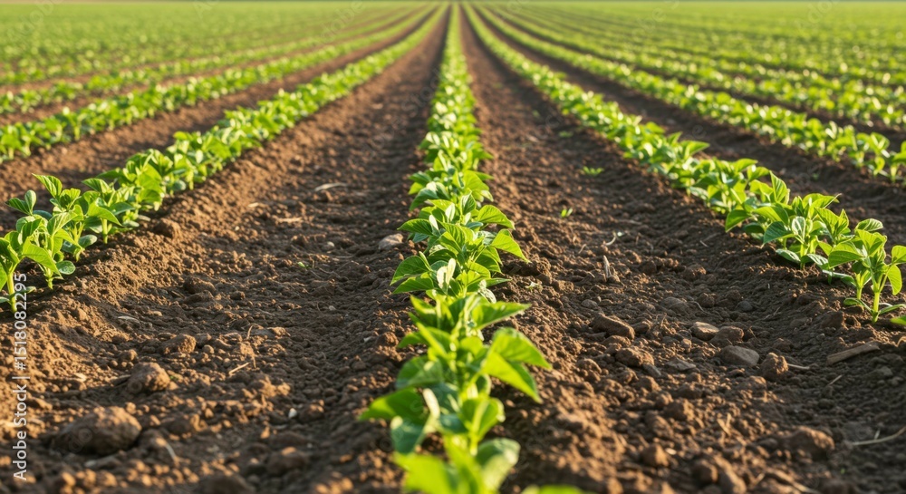Obraz premium Rows of young plants in a cultivated field, showcasing early growth stages under natural sunlight