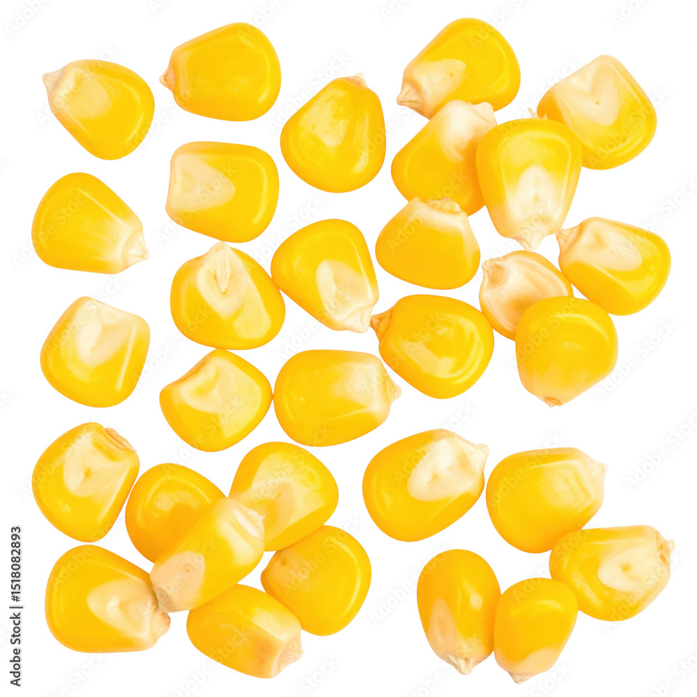 Fototapeta premium Pile of yellow corn kernels isolated on transparent background for agricultural and culinary use in food products and recipes, Transparent background PNG