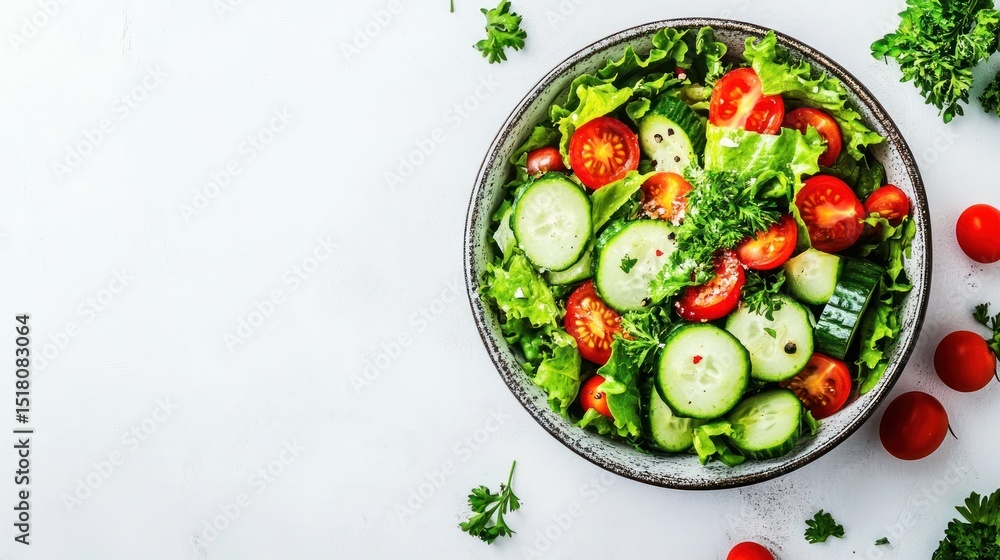 Fresh green salad with tomatoes and cucumbers in a bowl. Fresh green salad with tomatoes and cucumbers in a bowl.