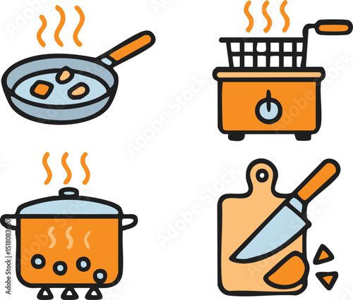 Cooking Process Icon Set – Frying, Boiling, Deep Frying, and Chopping in Flat Vector Style