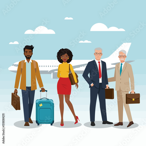 A vibrant illustration depicting four diverse business travelers, a man and woman of color, and two older men in business attire, preparing to board a plane.