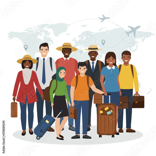 A vibrant illustration depicting four diverse business travelers, a man and woman of color, and two older men in business attire, preparing to board a plane.