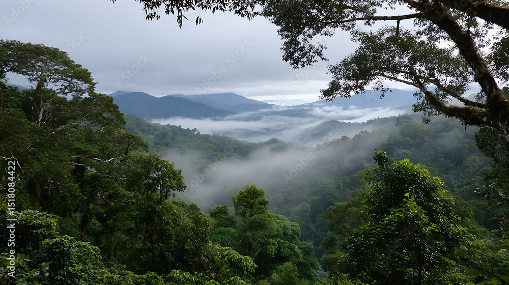 Obraz premium Misty Treetop Scene In Manu Forest, Good For Atmospheric And Aerial Texture Visuals