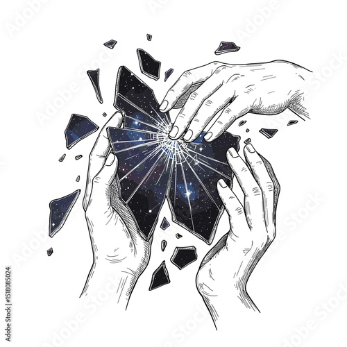 Hands Rebuilding the Universe – Broken Mirror Galaxy Concept Art Vector