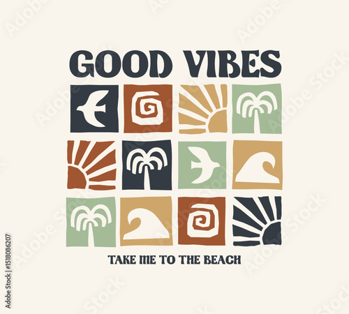 Vector graphic with waves, sun, surfboard, sun and palm tree in retro colorway. Perfect for t-shirt print, posters, and stickers.