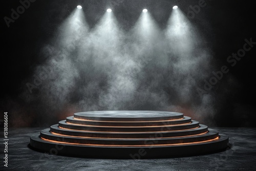 The scene consists of a 3D podium, a circular platform stage, and spotlights, all centered around an empty and realistic pedestal with steps