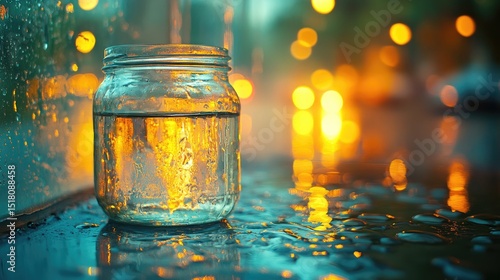 Glass jar with water, illuminated by city lights on a rainy night.