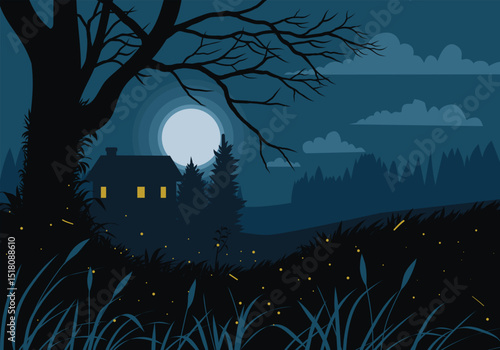 Peaceful countryside night time illustration with a house, trees, firefly and full moon