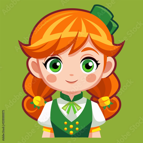 Adorable Cartoon Girl with Red Hair and Green Dress