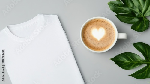 Blank white t-shirt, coffee latte art, and tropical leaves on a gray surface