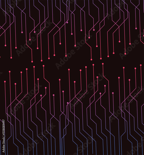 An abstract black background featuring a vibrant gradient of pink, purple, and blue lines resembling a circuit board