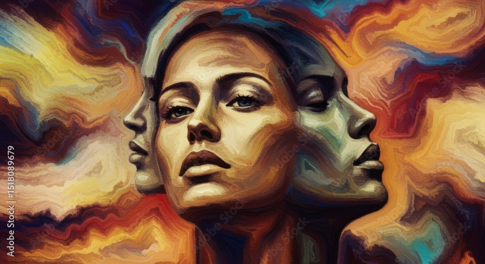 Fototapeta premium Abstract portrait of a woman, multiple faces merged in a vibrant, dreamlike style