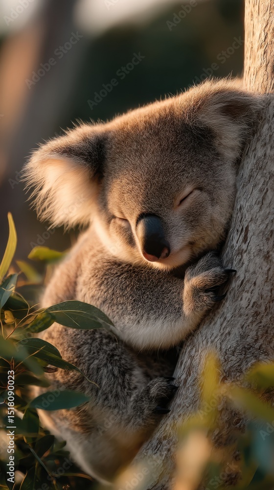 Fototapeta premium Koala resting peacefully on a tree during golden hour in an Australian forest