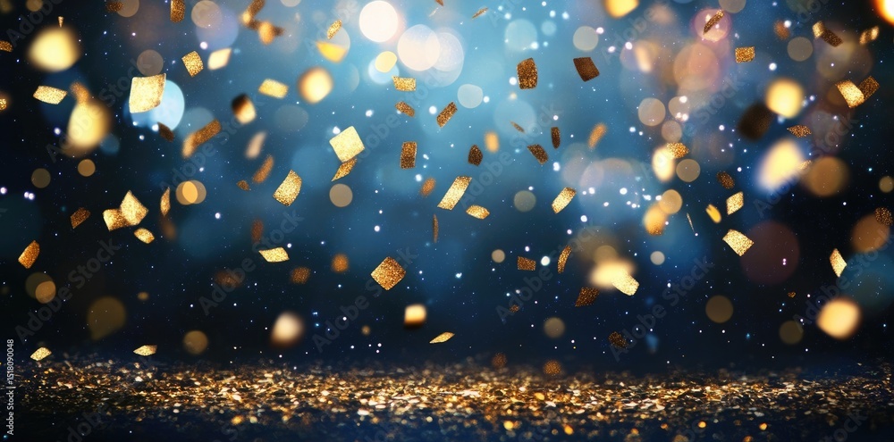 Fototapeta premium Sparkling bokeh background with warm golden lights on a dark blue backdrop.