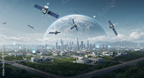 Futuristic cityscape with orbiting satellites connected to smart city infrastructure