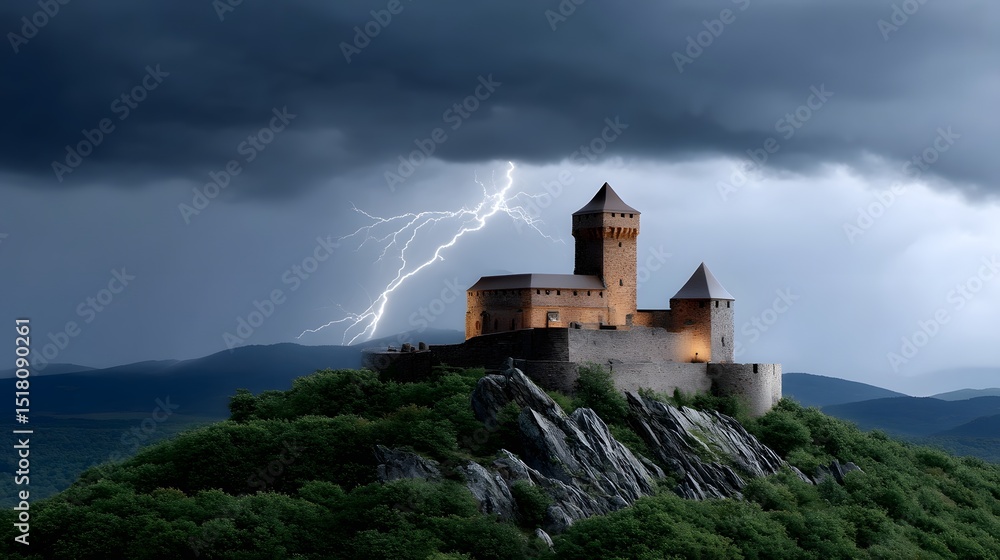 Naklejka premium Ancient castle stands tall amidst a thunderous storm
