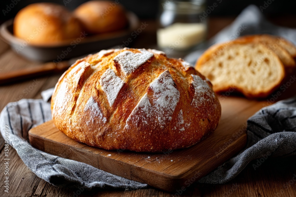 Freshly Baked Sourdough Bread Resting on a Wooden Board With a Rustic Background and Soft Natural Light Showcases Artisanal Craftsmanship Freshly Baked Sourdough Bread Resting on a Wooden Board With a Rustic Background and Soft Natural Light Showcases Artisanal Craftsmanship
