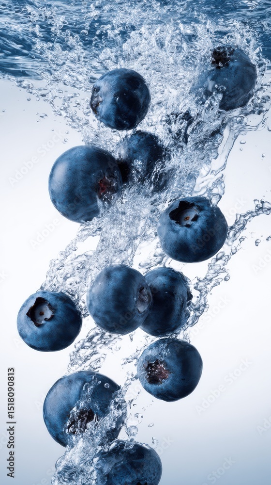 Fresh blueberries splash into clear water creating dynamic droplets in a playful display of fruit freshness Fresh blueberries splash into clear water creating dynamic droplets in a playful display of fruit freshness