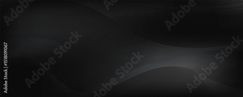 Black abstract background design. Modern wavy line pattern in monochrome colors. Premium stripe texture for banner, business backdrop. Dark horizontal vector template
