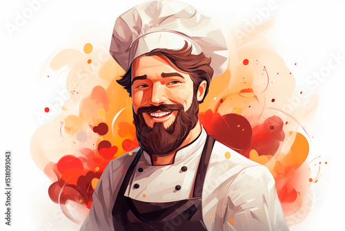 Illustration of a cheerful chef in uniform on a white background. Image created with AI