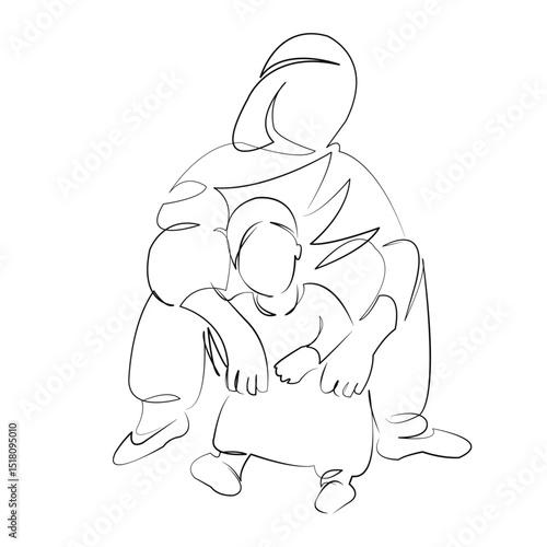 One continuous line drawing on white isolated background. Minimalism linear illustration. woman, person, travel, child, africa, desert, sand, bedouin, nature, culture