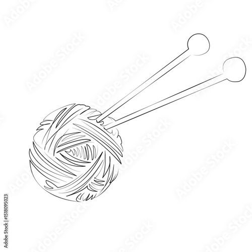 One continuous line drawing on white isolated background. Minimalism linear illustration. hobby, craft, knit up, textile, wool, creativity, ball, fiber, needle, needlecraft