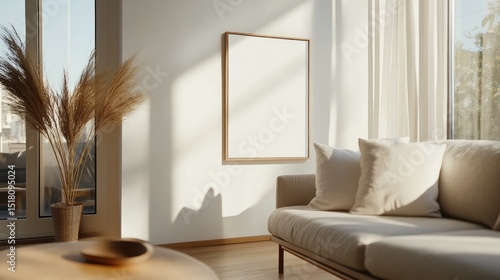 Modern minimalist living room with sunlight