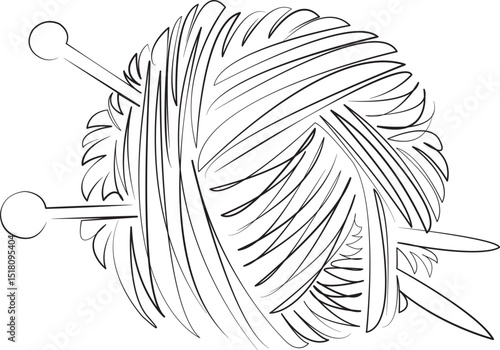 One continuous line drawing on white isolated background. Minimalism linear illustration. hobby, knitting, wool, ball of wool, craft, knitting needle