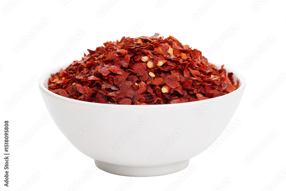 white bowl filled with red pepper flakes isolated on white background white bowl filled with red pepper flakes isolated on white background